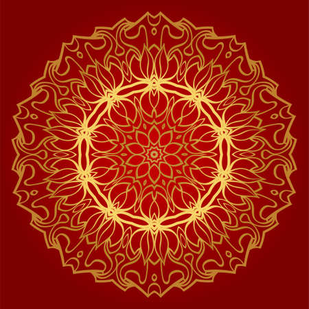 Hand-Drawn Henna Ethnic Mandala. Circle Lace Ornament. Vector Illustration. For Coloring Book, Greeting Card, Invitation, Tattoo. Anti-Stress Therapy Pattern. Red, gold color.のイラスト素材