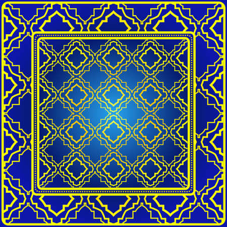 Vintage Decorative Geometric Pattern. Design For Bandana Shawl, Tablecloth Fabric Print. Vector Illustration. Blue yellow color.のイラスト素材