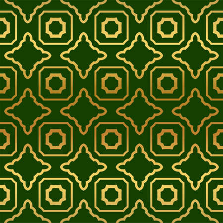 Vector Illustration. Pattern With Geometric Ornament, Decorative Border. Design For Print Fabric. Paper For Scrapbook, advert, poster, flyer background. Green, gold color.のイラスト素材