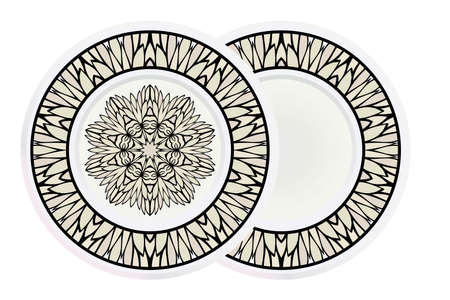 Matching decorative plates for interior designwith floral art deco pattern. Empty dish, porcelain plate mock up design. Vector illustration. White, grey color.のイラスト素材