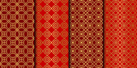 Set of Seamless Pattern With Abstract Geometric Style. Repeating Sample Figure And Line. Vector illustration. red gold colorのイラスト素材