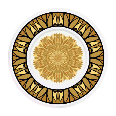 Decorative plates for interior design. Tribal ethnic ornament with mandala. Vector illustration. White, gold color.のイラスト素材