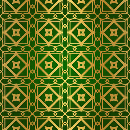 Luxury Seamless Geometrical Linear Texture. Original Geometrical Puzzle. Backdrop. Vector illustration. Green gold color. Design For Prints, Textile, Decor, Fabricのイラスト素材