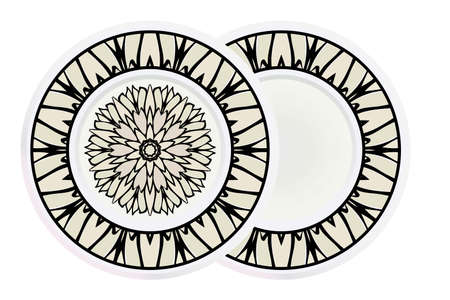 Matching decorative plates for interior designwith floral art deco pattern. Empty dish, porcelain plate mock up design. Vector illustration. White, grey color.のイラスト素材