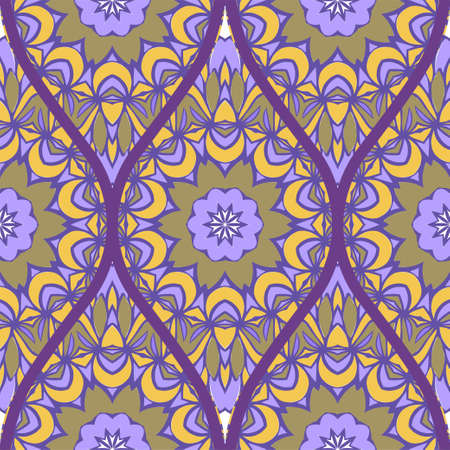 Decorative Colorful Floral Ornament With Decorative Border. Ethnic Seamless Decoration. Vector illustration/ Brown purple color.のイラスト素材