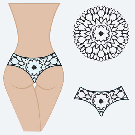Fashionable design of women's swimming trunks. vector illustration. with a circular floral pattern.のイラスト素材