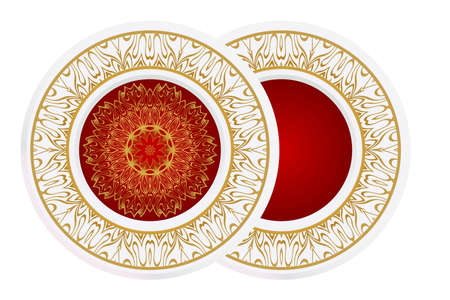 decorative plates for interior design. Empty dish, porcelain plate mock up design. Vector illustration. Decorative plates with Mandala ornament patterns. Home decor background.のイラスト素材