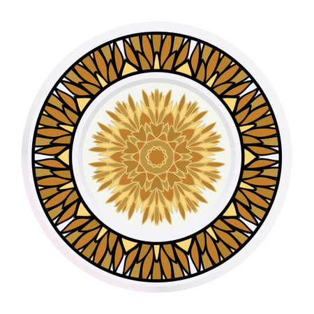 Decorative plates for interior design. Tribal ethnic ornament with mandala. Vector illustration. White, gold color.のイラスト素材
