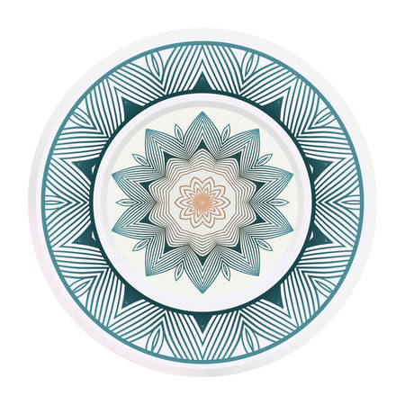 Set of 2 matching decorative plates for interior design. Empty dish, porcelain plate mock up design. Vector illustration. Decorative plates with Mandala ornament patterns. Home decor backgroundのイラスト素材
