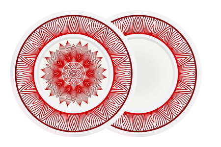 Plates for interior design. Porcelain plate with mandala ornament. Vector illustration. Isolated. Round geometric floral pattern. Interior decoration, home decor element.のイラスト素材