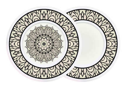 Matching decorative plates for interior designwith floral art deco pattern. Empty dish, porcelain plate mock up design. Vector illustration. White, grey color.のイラスト素材