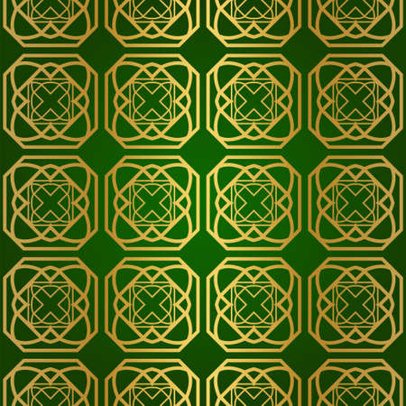 Luxury Seamless Geometrical Linear Texture. Original Geometrical Puzzle. Backdrop. Vector illustration. Green gold color. Design For Prints, Textile, Decor, Fabricのイラスト素材
