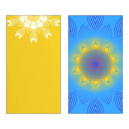 Yoga Card Template With Mandala Pattern. Vector illustration. Blue, yellow, white color. For Visit Card, Business, Greeting Card Invitation. Islam, Arabic, Indian, Mexican Ottoman Motifsのイラスト素材