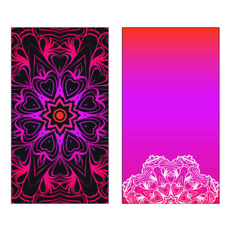 Colorful Ornamental Ethnic Flyer. Templates With Tribal Mandalas. Vector illustration. Purple, black, white color. For Wedding Invitation, Thank You Card, Save Card.のイラスト素材