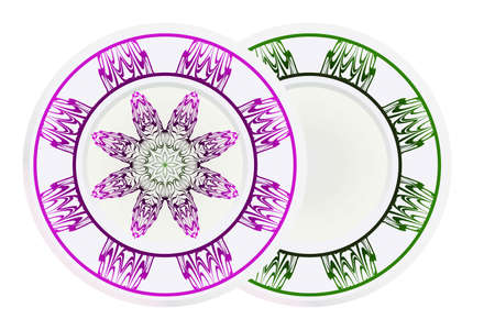 Plates for interior design. Porcelain plate with mandala ornament. Vector illustration. Isolated. Round geometric floral pattern. Interior decoration, home decor element.のイラスト素材