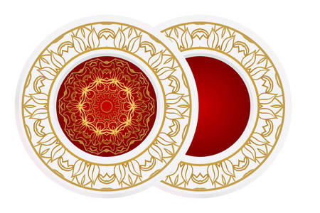 Set of 2 matching decorative plates for interior design. Empty dish, porcelain plate mock up design. Vector illustration. Decorative plates with Mandala ornament patterns. Home decor backgroundのイラスト素材