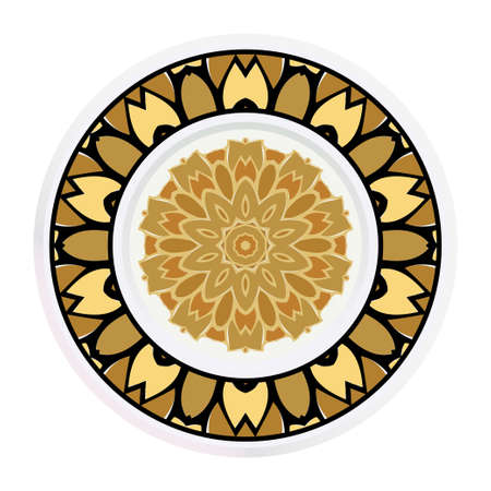 Decorative plates for interior design. Tribal ethnic ornament with mandala. Vector illustration. White, gold color.のイラスト素材