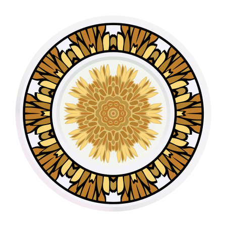Decorative plates for interior design. Tribal ethnic ornament with mandala. Vector illustration. White, gold color.のイラスト素材