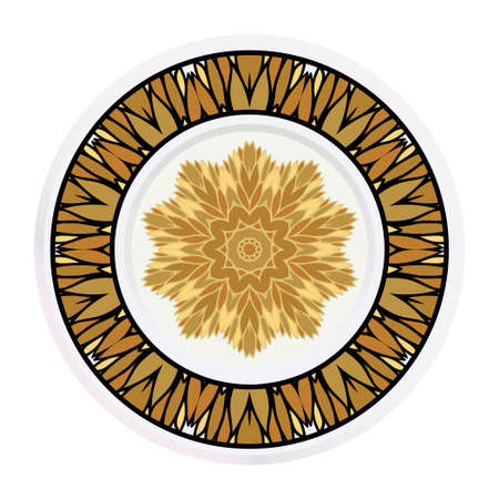 Decorative plates for interior design. Tribal ethnic ornament with mandala. Vector illustration. White, gold color.のイラスト素材