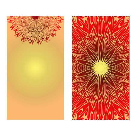 Design Vintage Cards With Floral Mandala Pattern And Ornaments. Vector illustration. Gold, red color. For Wedding, Bridal, Valentine's Day, Greeting Card Invitationのイラスト素材