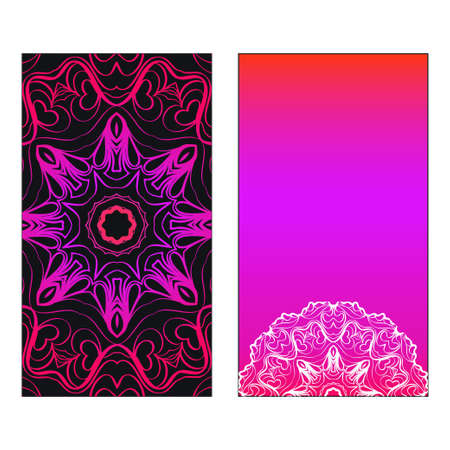 Colorful Ornamental Ethnic Flyer. Templates With Tribal Mandalas. Vector illustration. Purple, black, white color. For Wedding Invitation, Thank You Card, Save Card.のイラスト素材