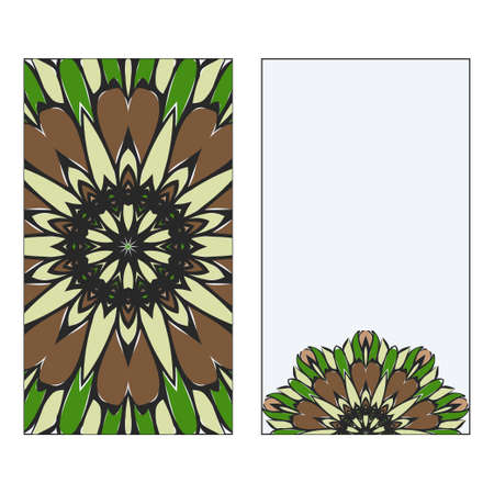 Ethnic Mandala Ornament. Templates invitation card With Mandalas. Floral decoration. Vector illustration/ Green, brown color. Card Design For Banners, Greeting Cards, Gifts Tagsのイラスト素材