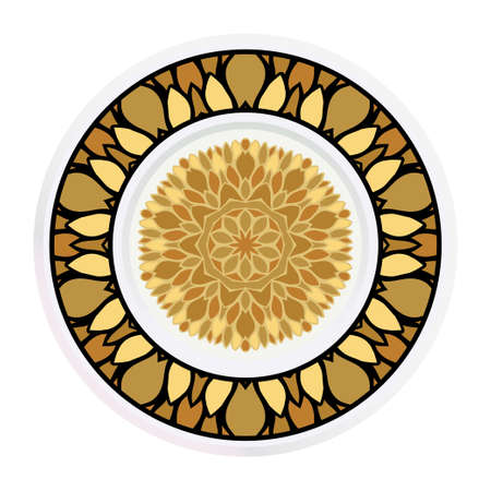 Decorative plates for interior design. Tribal ethnic ornament with mandala. Vector illustration. White, gold color.のイラスト素材