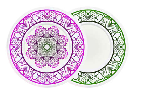 decorative plates for interior design. Empty dish, porcelain plate mock up design. Vector illustration. Decorative plates with stilish ornament patterns. Home decor backgroundのイラスト素材