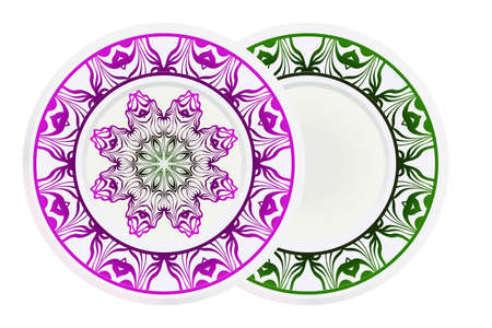 decorative plates for interior design. Empty dish, porcelain plate mock up design. Vector illustration. Decorative plates with Mandala ornament patterns. Home decor background.のイラスト素材