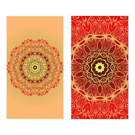 Design Vintage Cards With Floral Mandala Pattern And Ornaments. Vector illustration. Gold, red color. For Wedding, Bridal, Valentine's Day, Greeting Card Invitationのイラスト素材