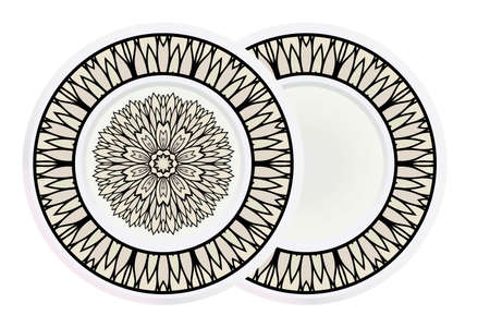 Matching decorative plates for interior designwith floral art deco pattern. Empty dish, porcelain plate mock up design. Vector illustration. White, grey color.のイラスト素材