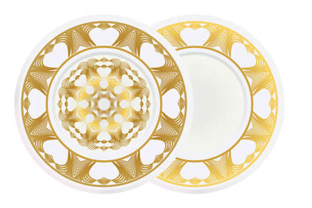 decorative plates for interior design. Empty dish, porcelain plate mock up design. Vector illustration. Decorative plates with Mandala ornament patterns. Home decor background. circle medalion, colorful kitchenのイラスト素材