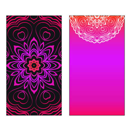 Colorful Ornamental Ethnic Flyer. Templates With Tribal Mandalas. Vector illustration. Purple, black, white color. For Wedding Invitation, Thank You Card, Save Card.のイラスト素材