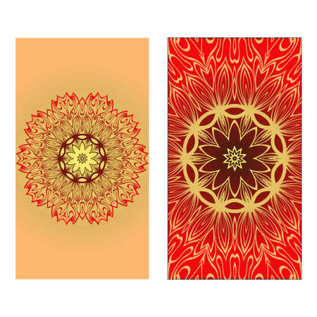 Design Vintage Cards With Floral Mandala Pattern And Ornaments. Vector illustration. Gold, red color. For Wedding, Bridal, Valentine's Day, Greeting Card Invitationのイラスト素材
