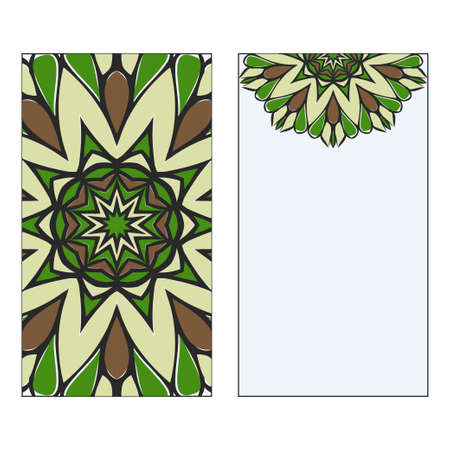 Ethnic Mandala Ornament. Templates invitation card With Mandalas. Floral decoration. Vector illustration/ Green, brown color. Card Design For Banners, Greeting Cards, Gifts Tagsのイラスト素材