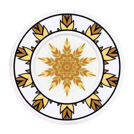 Decorative plates for interior design. Tribal ethnic ornament with mandala. Vector illustration. White, gold color.のイラスト素材