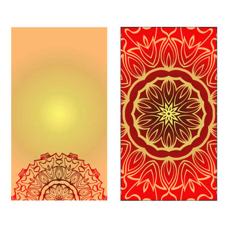 Design Vintage Cards With Floral Mandala Pattern And Ornaments. Vector illustration. Gold, red color. For Wedding, Bridal, Valentine's Day, Greeting Card Invitationのイラスト素材