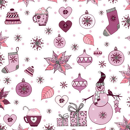 Template on the theme of New year and Christmas with a Christmas snowman, snowflakes, Christmas balls in pinkの写真素材