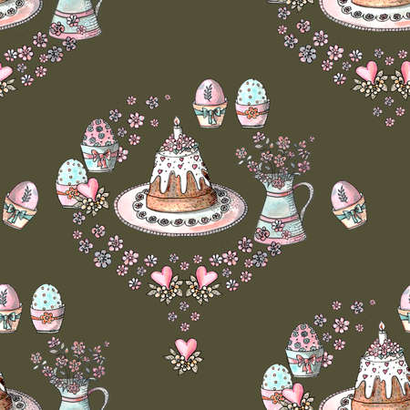 Seamless pattern on the theme of Easter. Easter cake, eggs, flowers on a green backgroundの写真素材