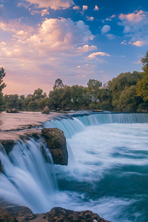 Waterfall in Manavgat, Turkey, at sunsetの写真素材