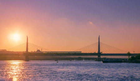 Colorful sunset above Bosporus strait in Istanbul, Turkeyの写真素材