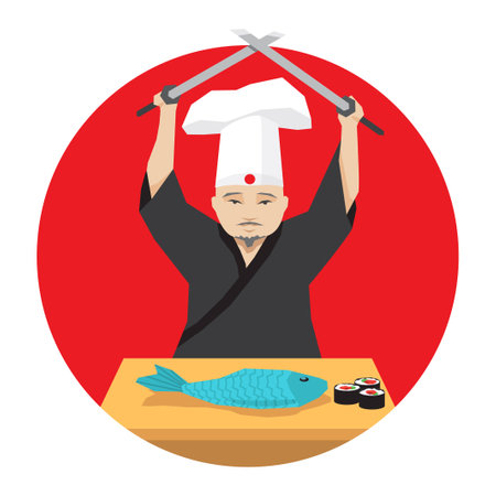 Japanese chef cooking fish using two katanaのイラスト素材