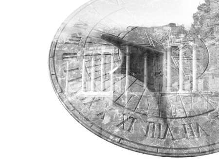 Marble sundial and old column building double exposure black and whiteの写真素材