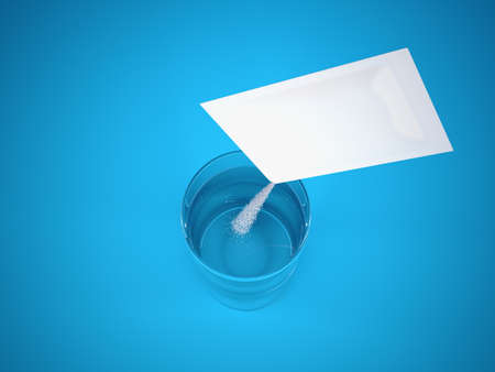 Pouring powdered medicine into glass of water isolated on blue background