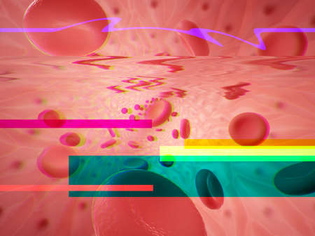 Human anatomical vessel with red blood cells - erythrocytes and endothelium cells with glitch...