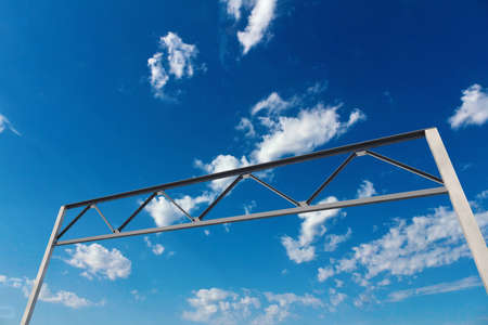 Big concrete and metal mount for sign above the road over blue sky, 3d illustration