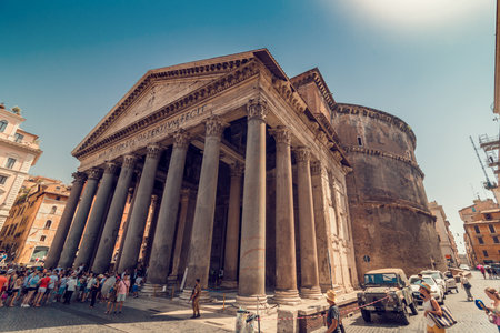 ROME, Italy - August 10, 2017: Pantheon with lot of tourists, ancient architecture, wide shotのeditorial素材