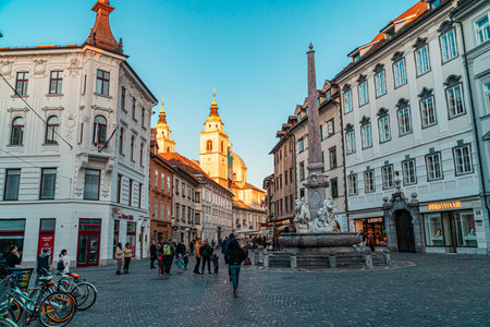 Ljubljana, Slovenia - November 10, 2019: Beautiful street in Ljubljana near city center with lot of tourists ans citizens, Sloveniaのeditorial素材