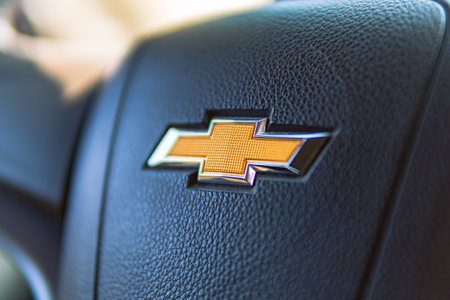 March, 14 - Tashkent, Uzbekistan: Close-up of Chevrolet logo on steering wheel, selective focusのeditorial素材