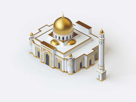 3d illustration of beautiful white and gold mosque, isometric style architectureの写真素材